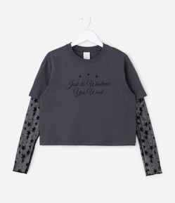 Camiseta Infantil com Lettering e Manga Renda – Tam 5 a 14 Anos