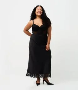 Saia Midi Acetinada com Renda na Barra Curve & Plus Size