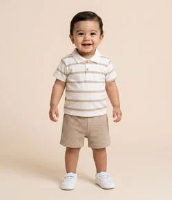 Conjunto Infantil Listrado com Gola Polo - Tam 0 a 18 Meses