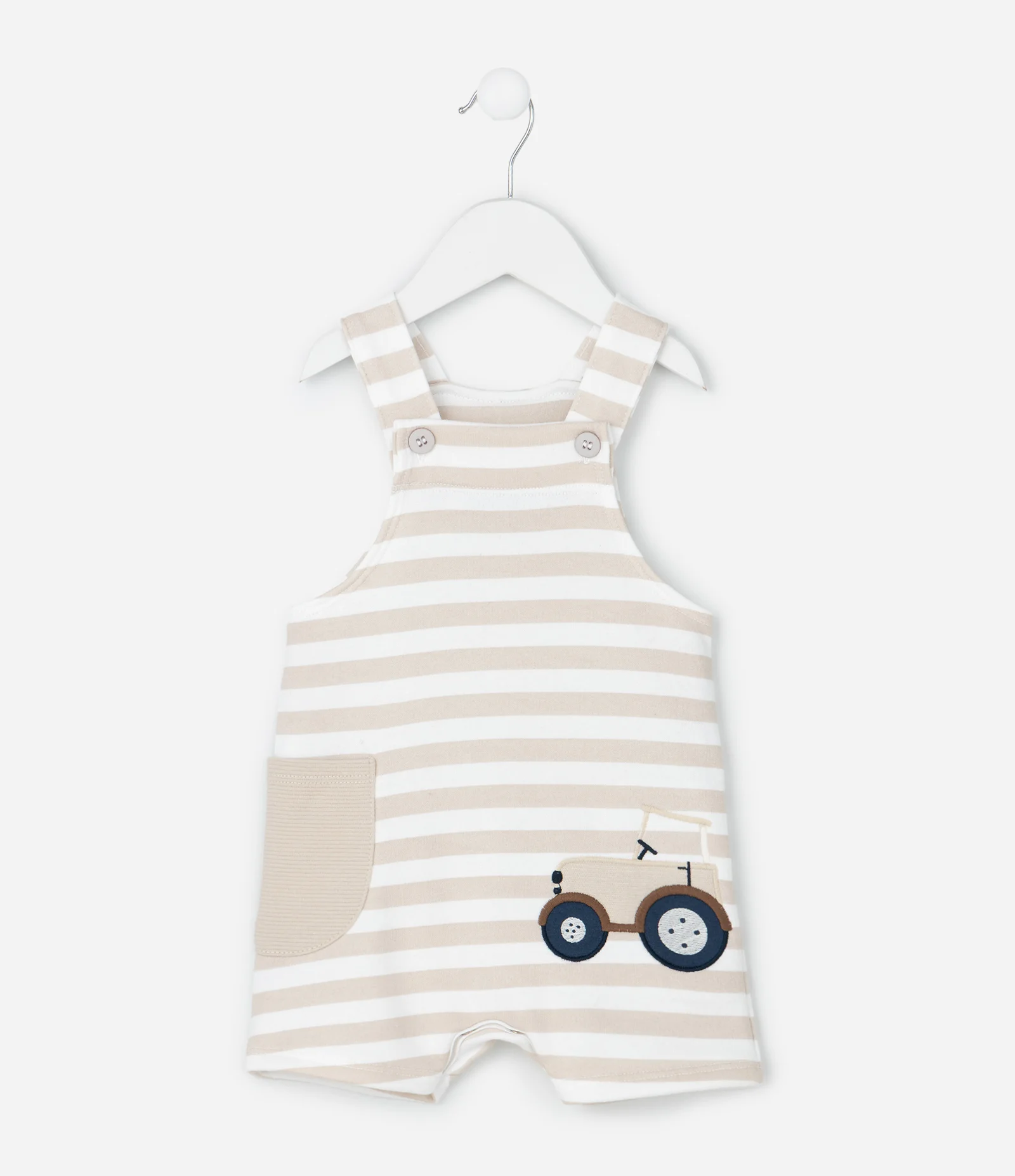 Jardineira Infantil Listrado com Bordado de Urso – Tam 0 a 18 Meses Bege/Off White 1