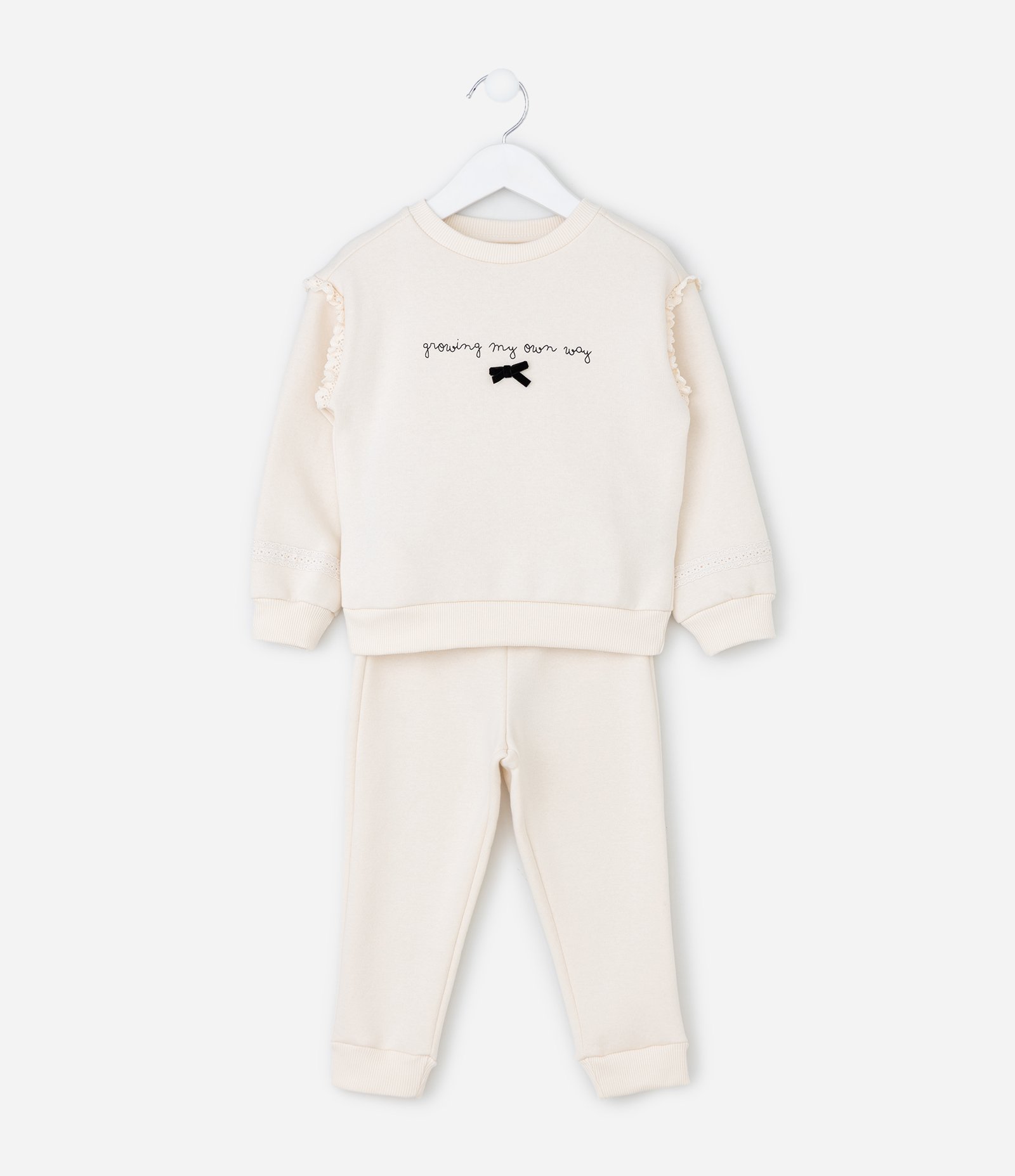 Conjunto Infantil Casaco com Renda e Calça Wide em Moletom – Tam 1 a 6 Anos Off White 2
