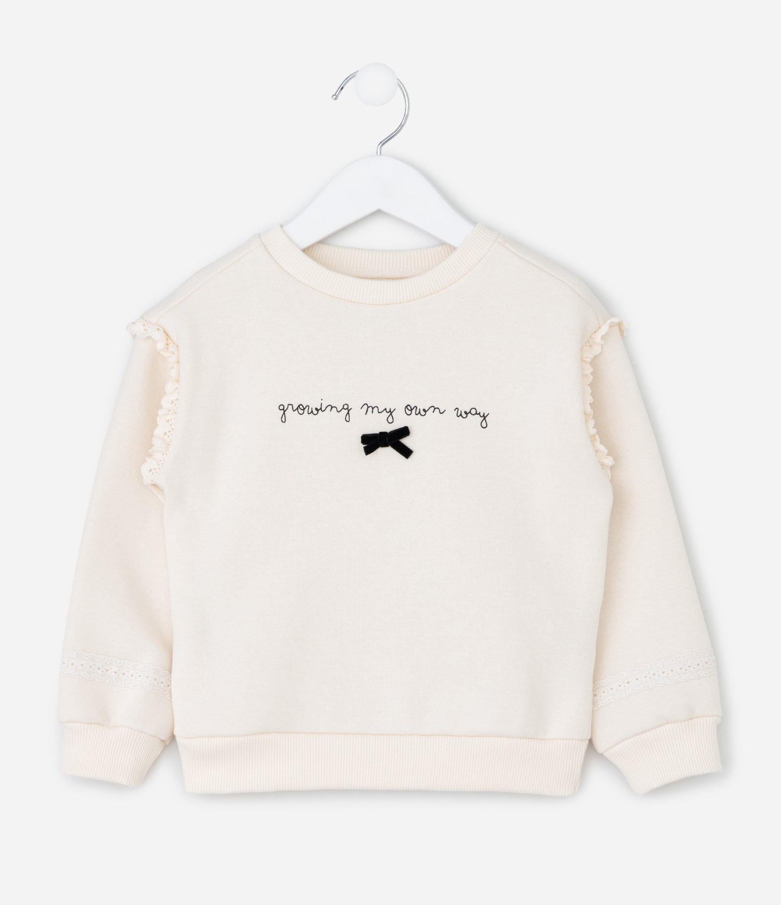 Conjunto Infantil Casaco com Renda e Calça Wide em Moletom – Tam 1 a 6 Anos Off White 3