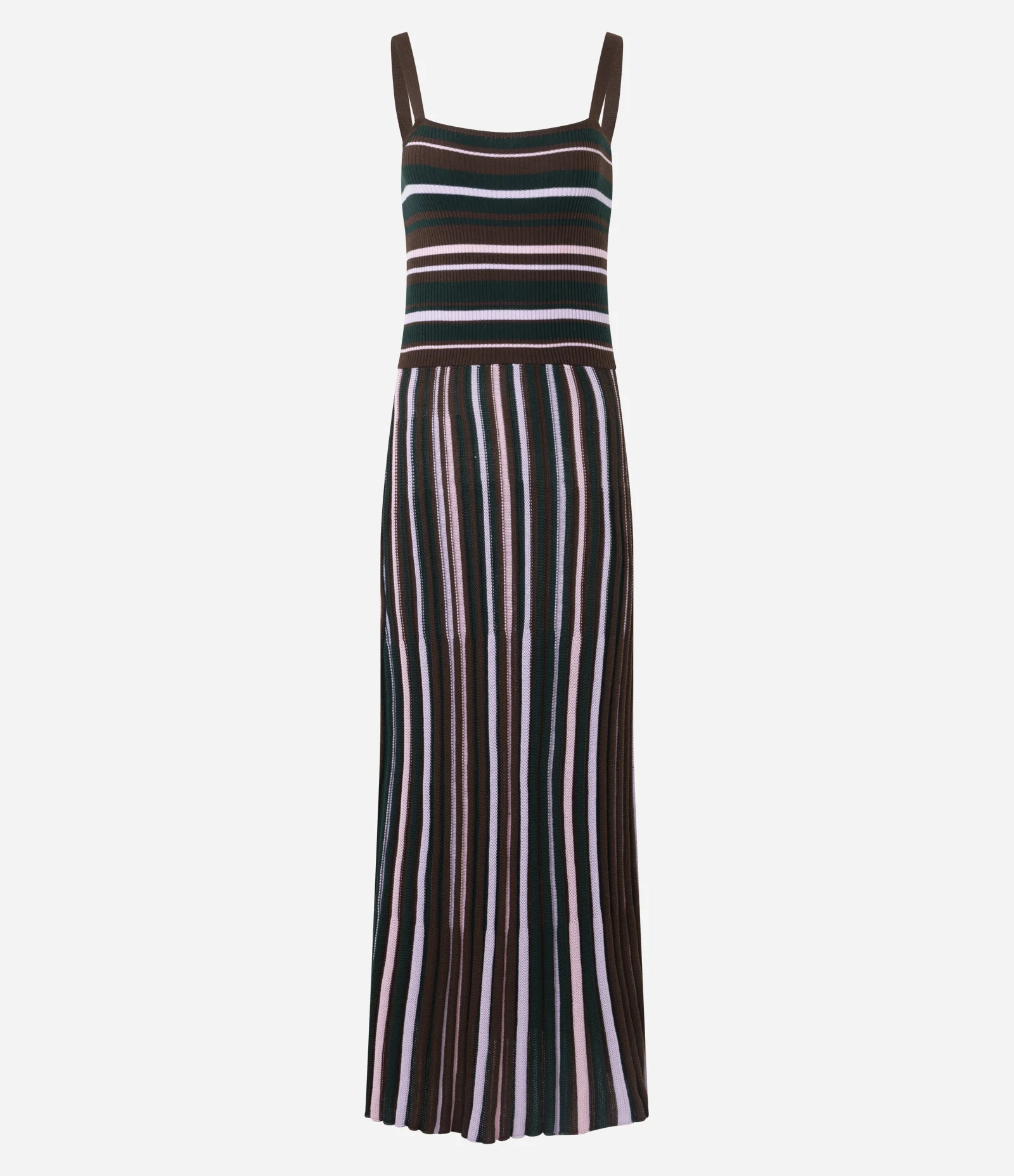Vestido Longo Evasê em Tricô Listrado com Decote Quadrado Marrom 1