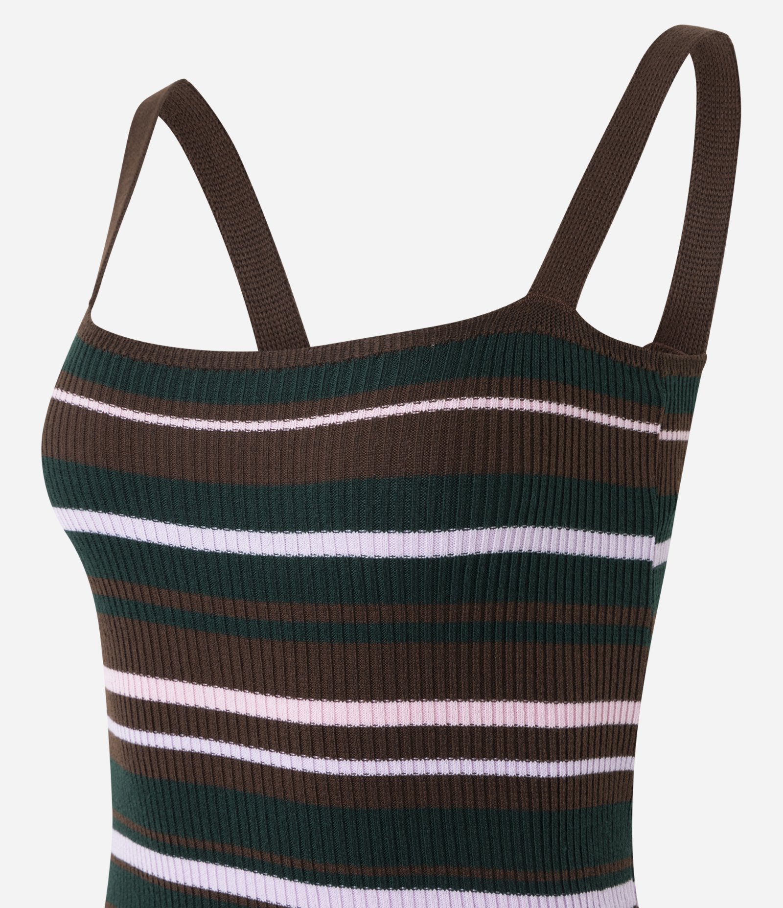 Vestido Longo Evasê em Tricô Listrado com Decote Quadrado Marrom 2