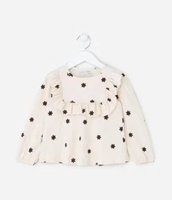 Blusa Infantil Texturizada com Babado e Estampa Floral – Tam 1 a 5/6 Anos