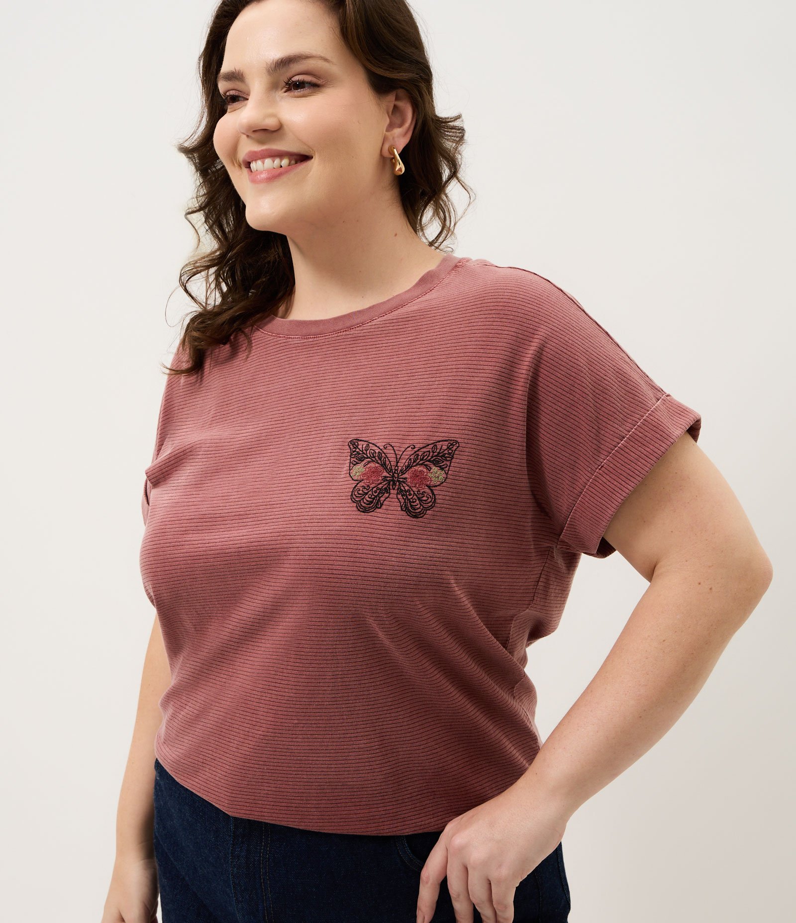 Blusa Manga Curta Fio Tinto com Bordado Floral Curve & Plus Size Marrom 3