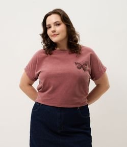 Blusa Manga Curta Fio Tinto com Bordado Floral Curve & Plus Size