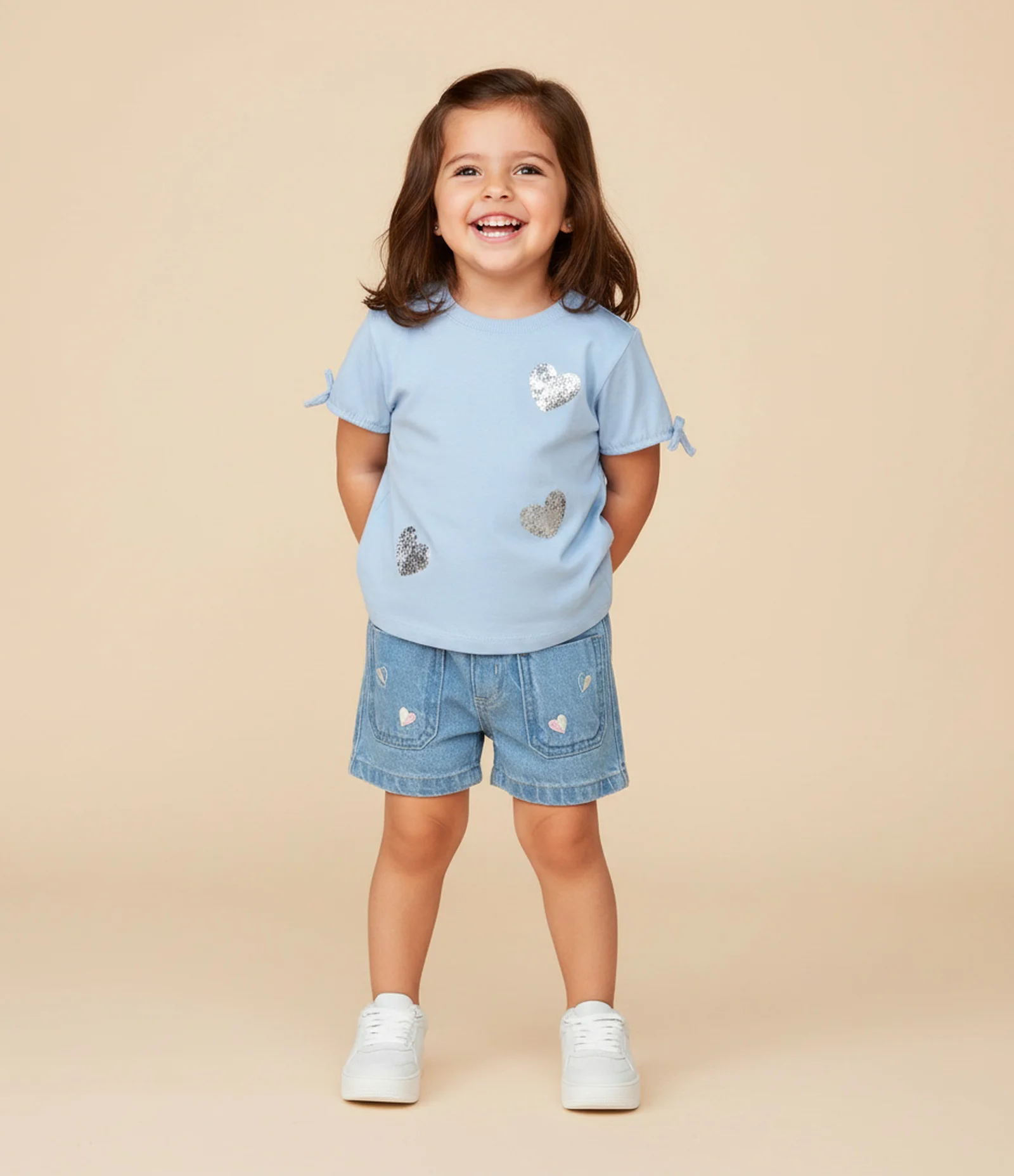Blusa Infantil com Corações em Paetê – Tam 1 a 6 Anos Azul Claro 1