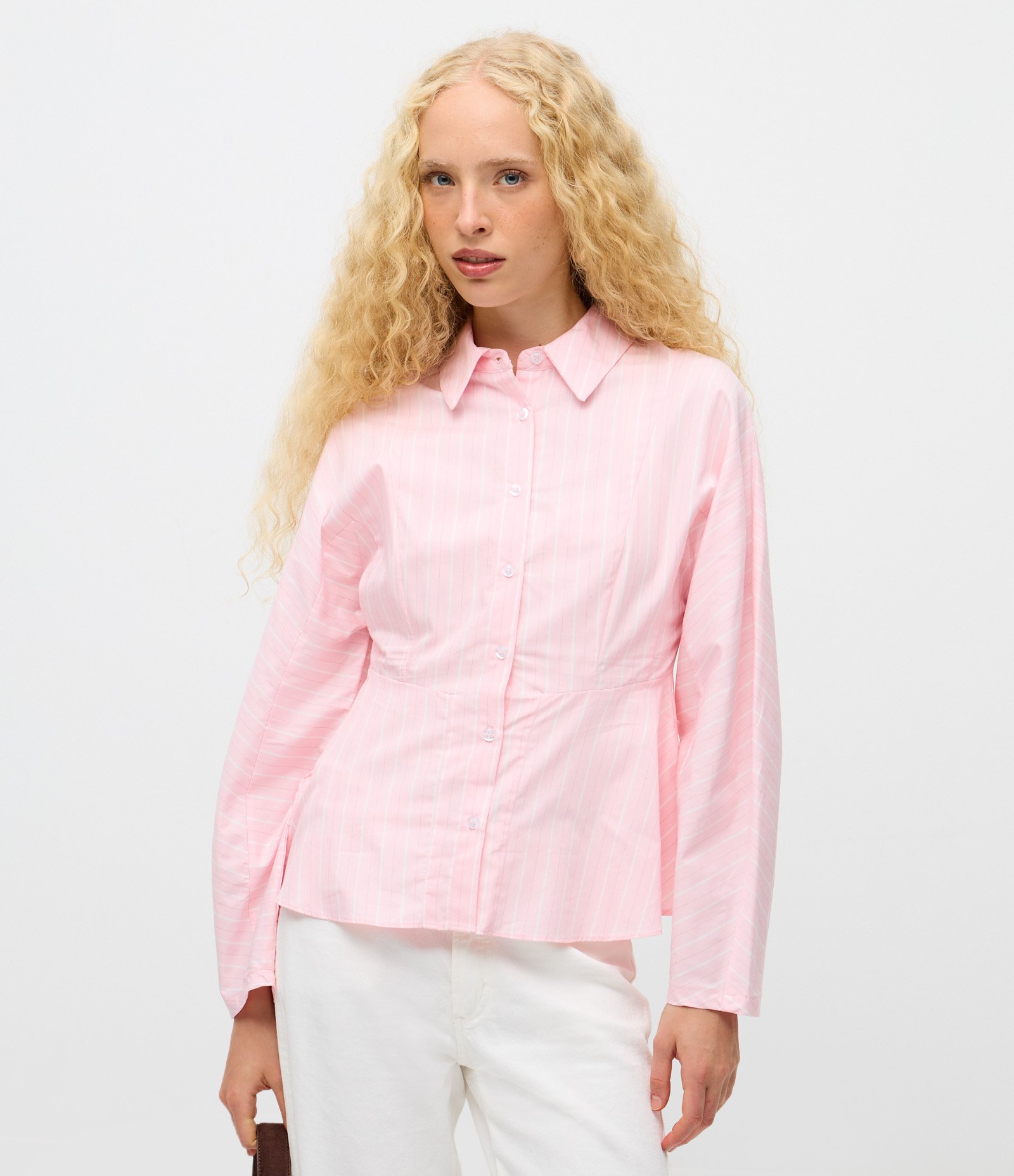 Camisa Peplum em Tricoline Listrado com Manga Longa Rosa 1