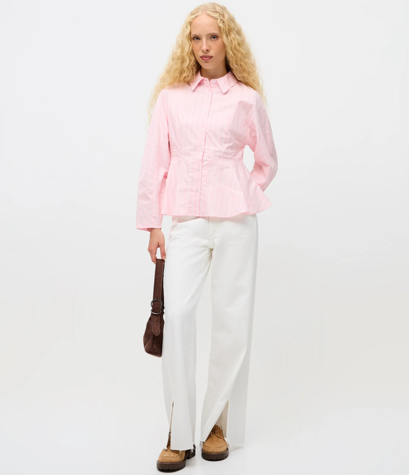 Camisa Peplum em Tricoline Listrado com Manga Longa Rosa 2