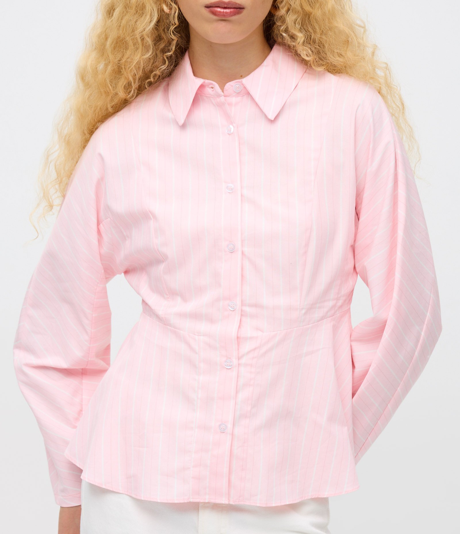 Camisa Peplum em Tricoline Listrado com Manga Longa Rosa 3