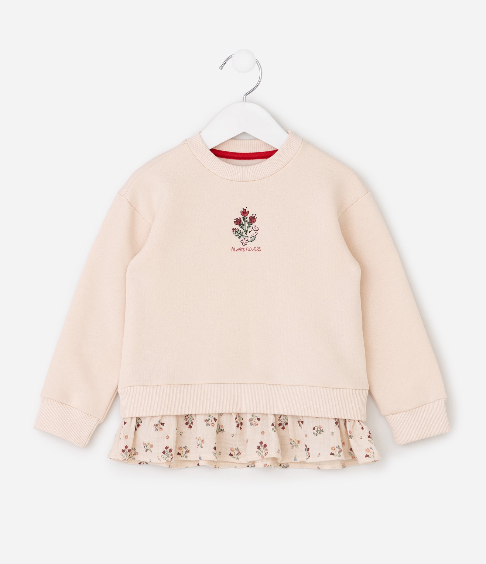 Casaco Infantil em Moletom com Felpa e Bordado Floral – Tam 1 a 6 Anos Bege Claro 2