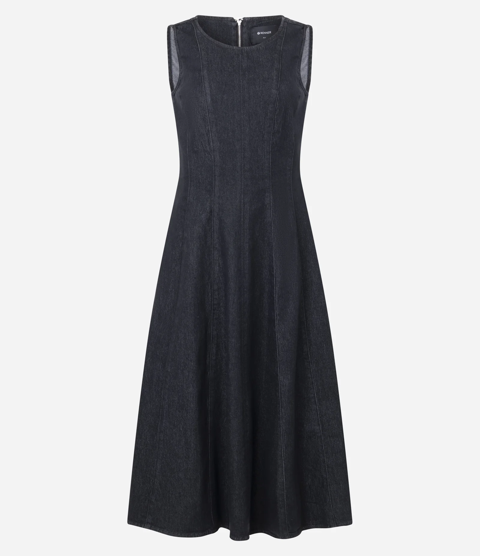 Vestido Midi em Jeans com Recortes e Gola Redonda Preto 1