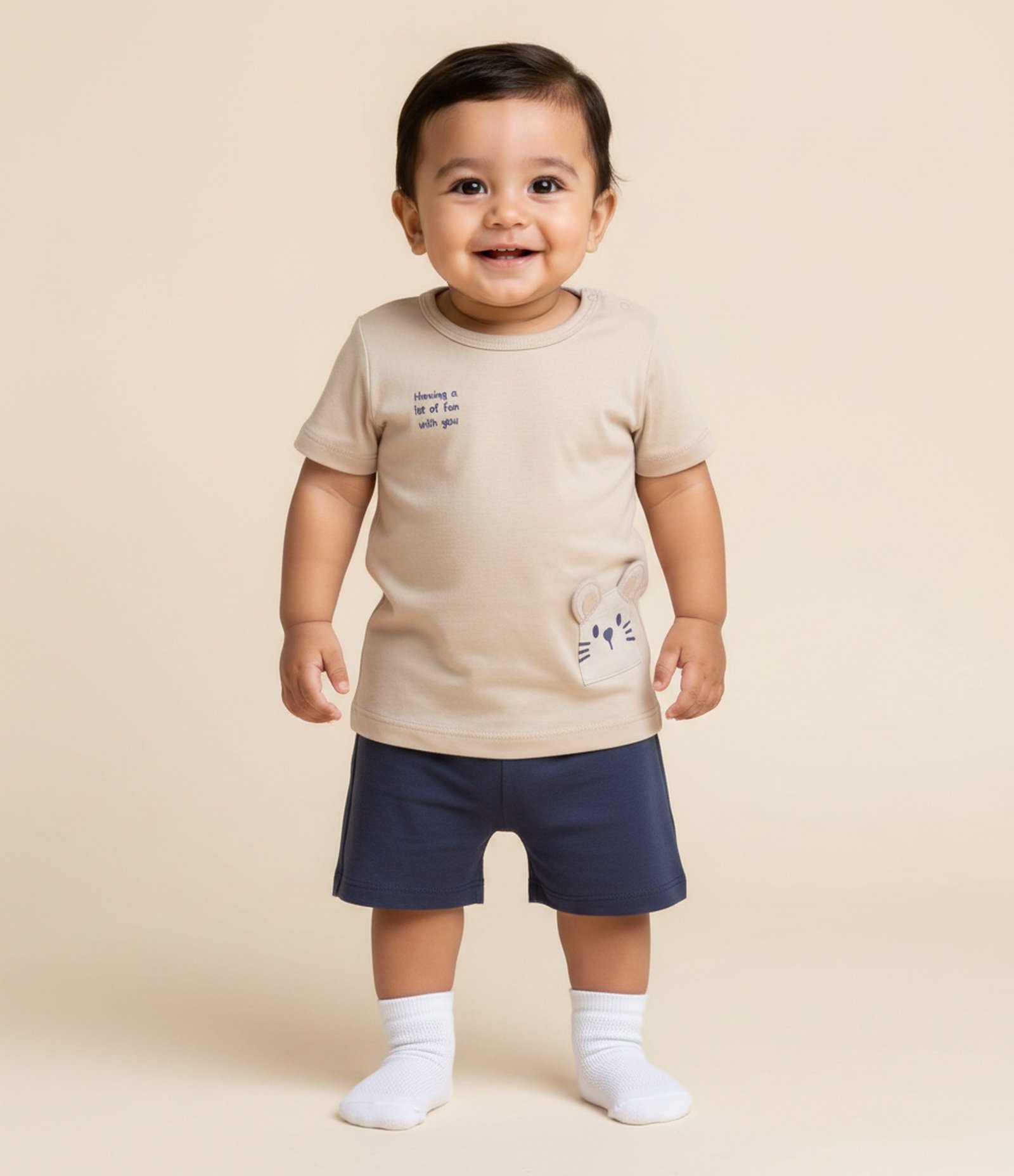 Conjunto Infantil com Estampa de Ratinho – Tam 0 a 18 Meses Bege/Azul 1