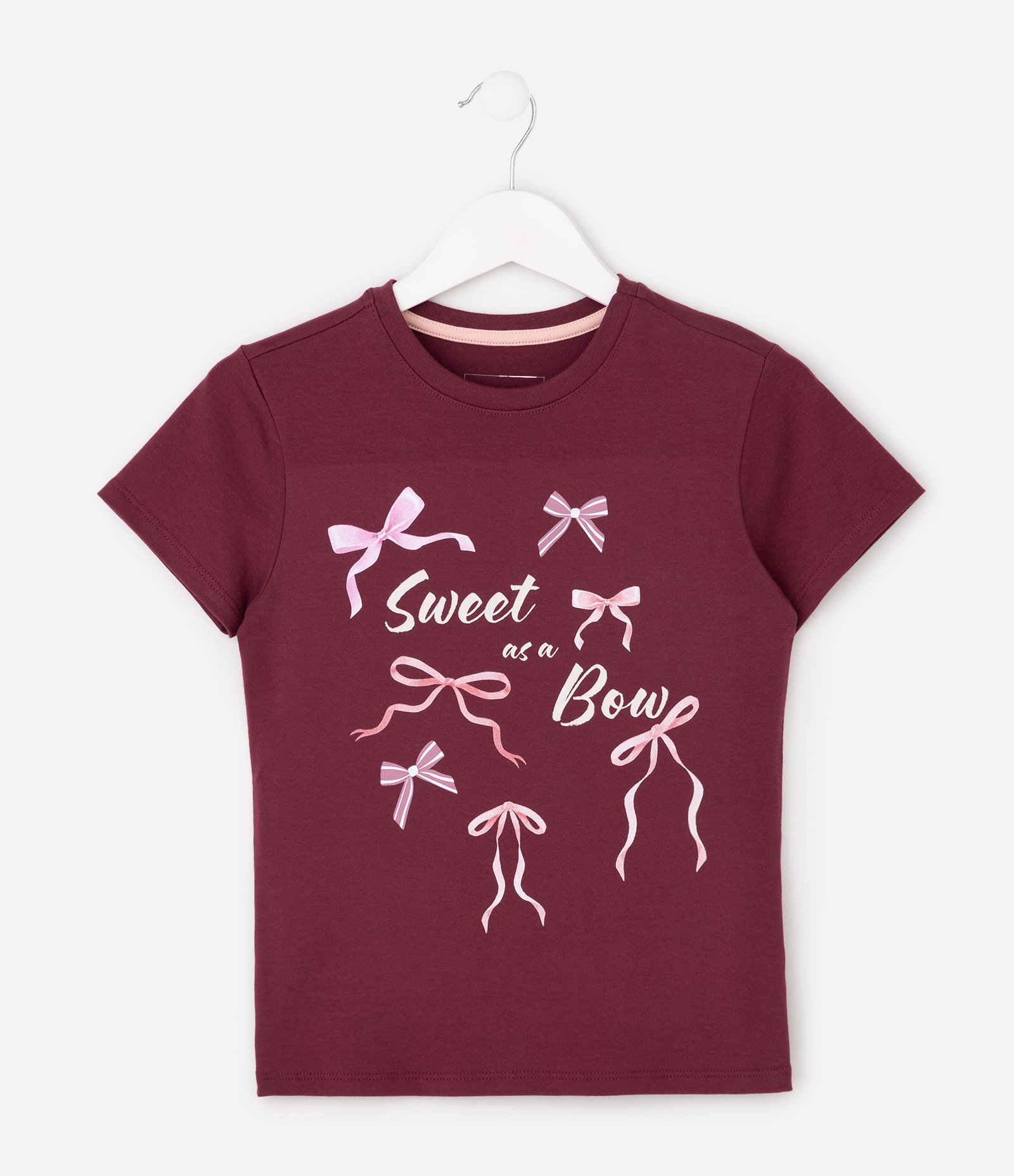 Camiseta Infantil Baby Tee com Estampa de Laços – Tam 7 a 16 Anos Bordô 2