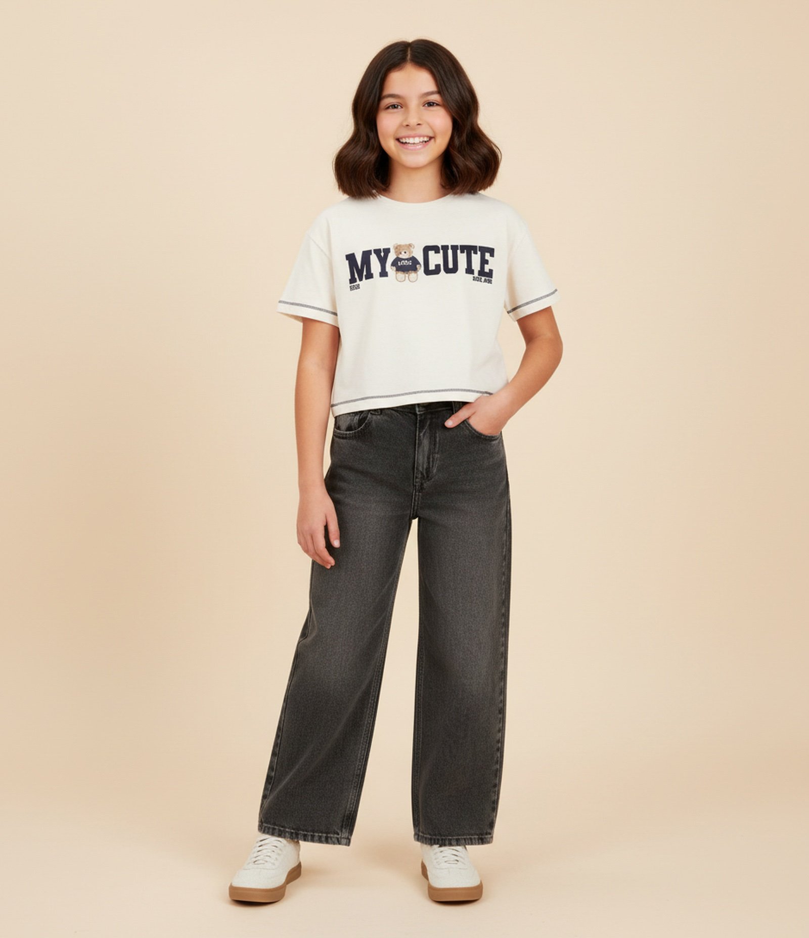 Camiseta Infantil com Lettering Urso – Tam 7 a 16 Anos Off White 1