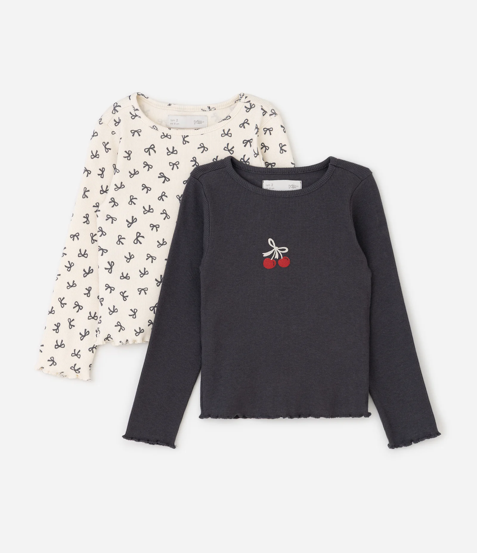 Kit 02 Blusa Infantil Canelada com Laços e Cereja – Tam 1 a 6 Anos Cinza/Branco 2