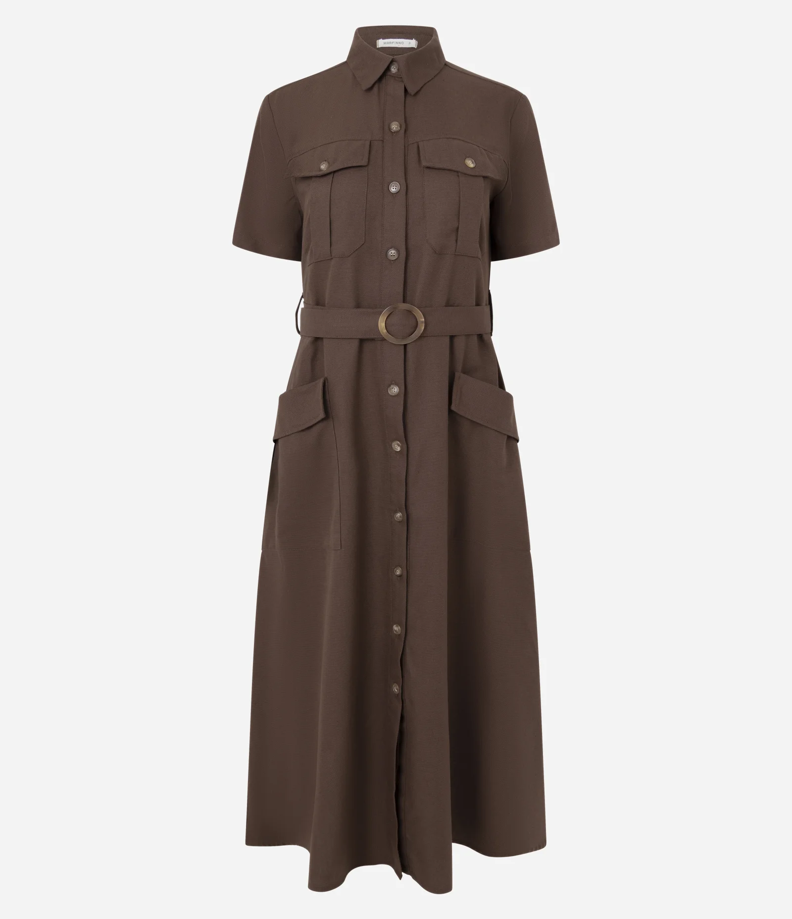 Vestido Midi Manga Curta em Sarja com Bolsos Utilitários Marrom 1