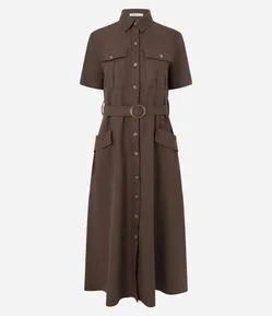 Vestido Midi Manga Curta em Sarja com Bolsos Utilitários