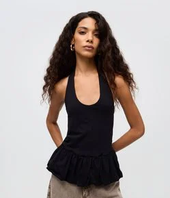 Blusa Frente Única em Algodão com Barra Peplum