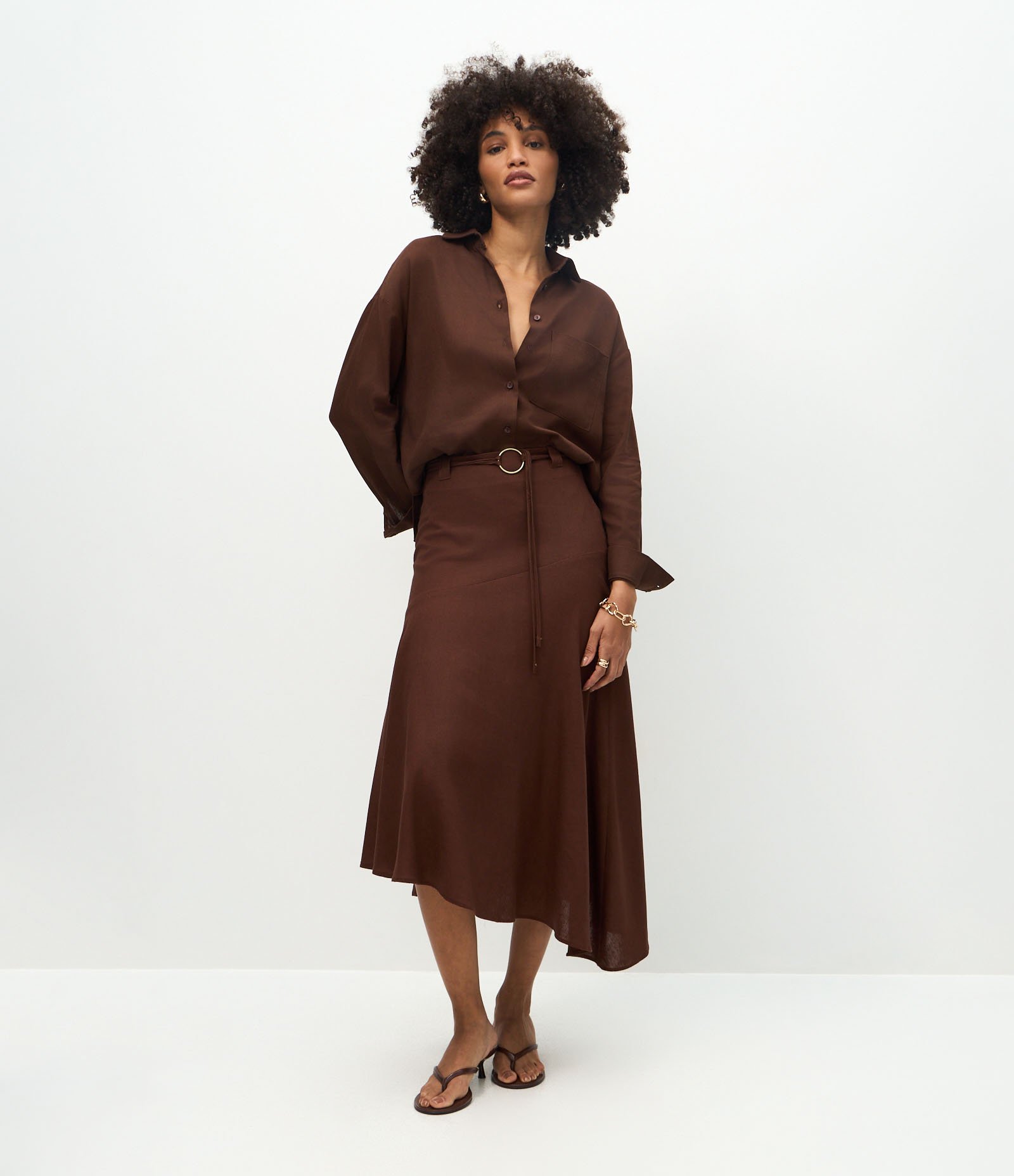 Saia Longa em Viscolinho com Cinto e Barra Assimétrica Marrom 1