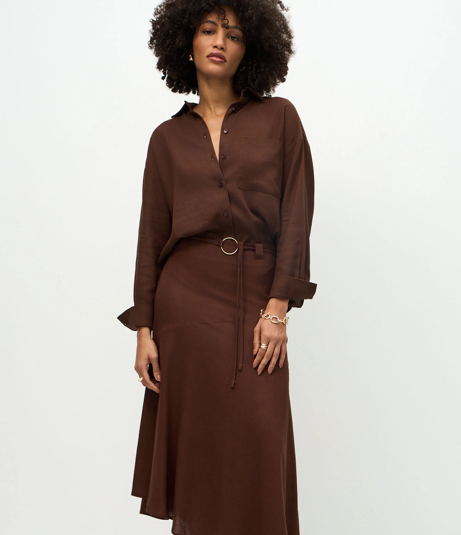 Saia Longa em Viscolinho com Cinto e Barra Assimétrica Marrom 2