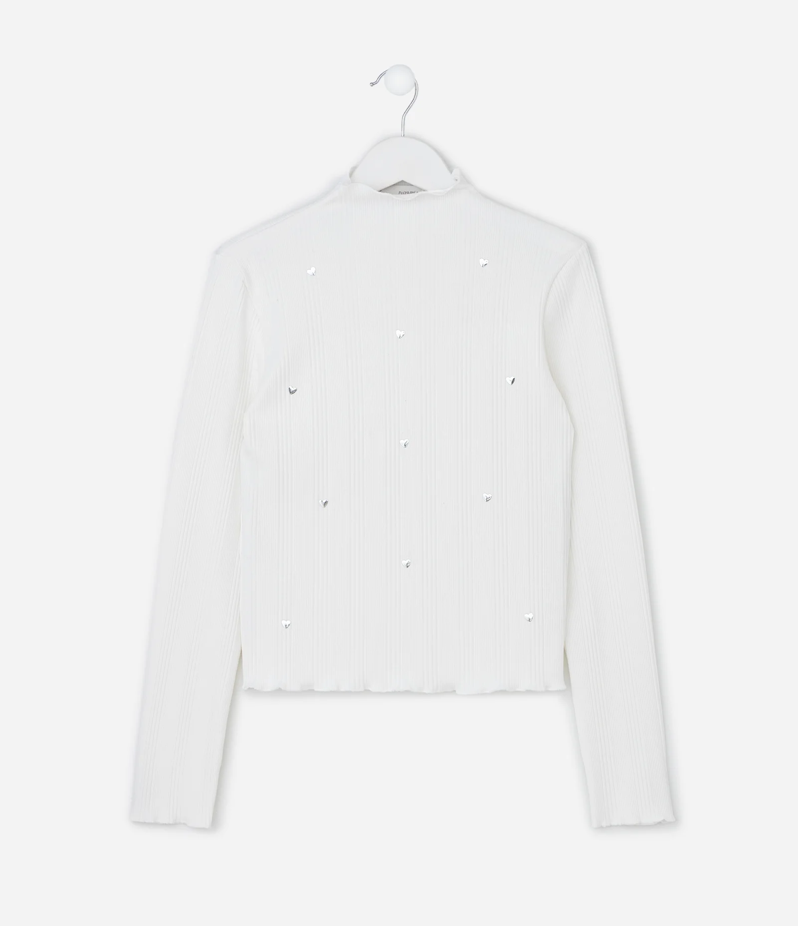 Blusa Infantil Baby Look Canelado com Rebites Corações – Tam 7 a 16 Anos Off White 1