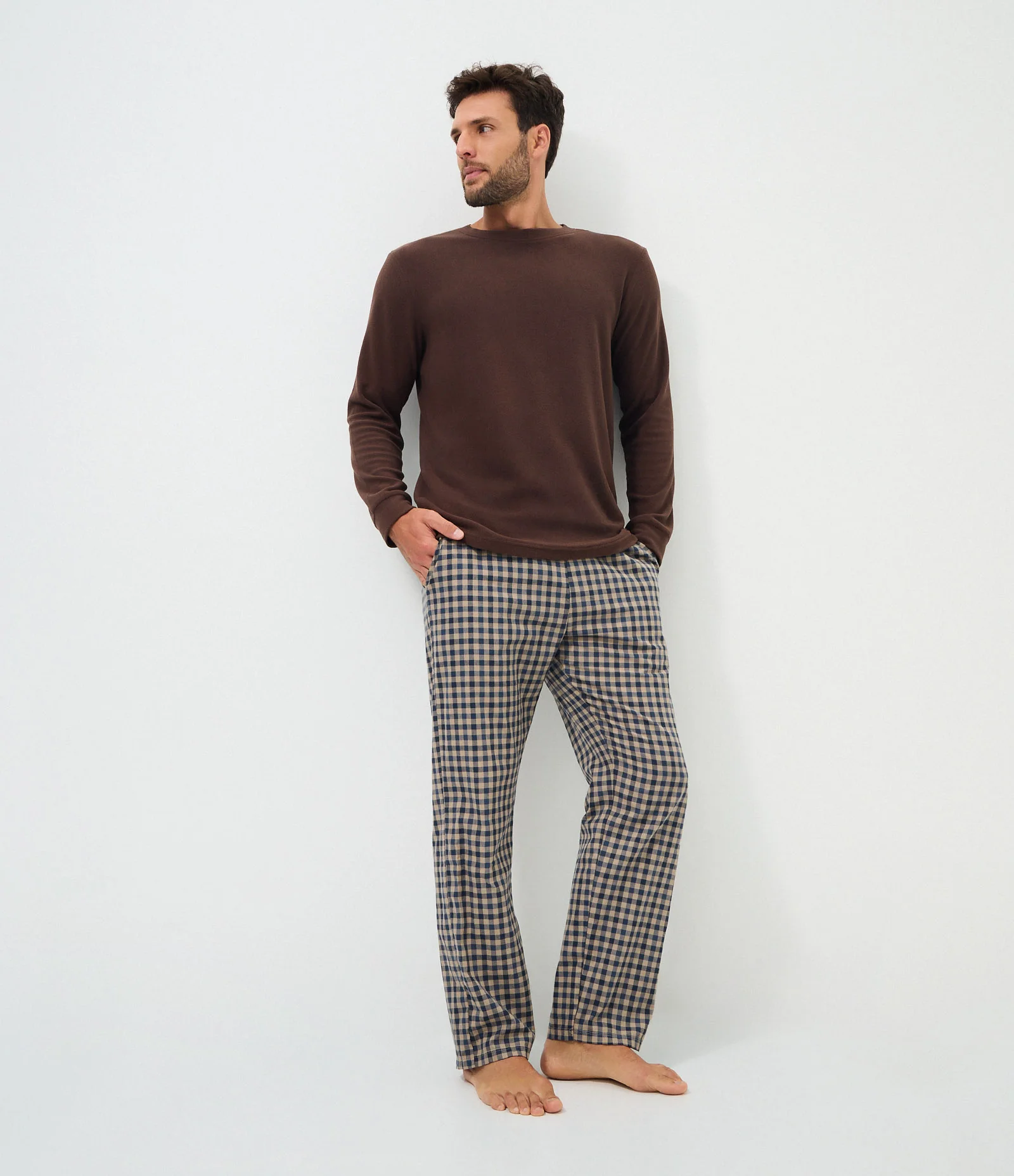 Calça de Pijama em Tricoline Xadrez Bege 1