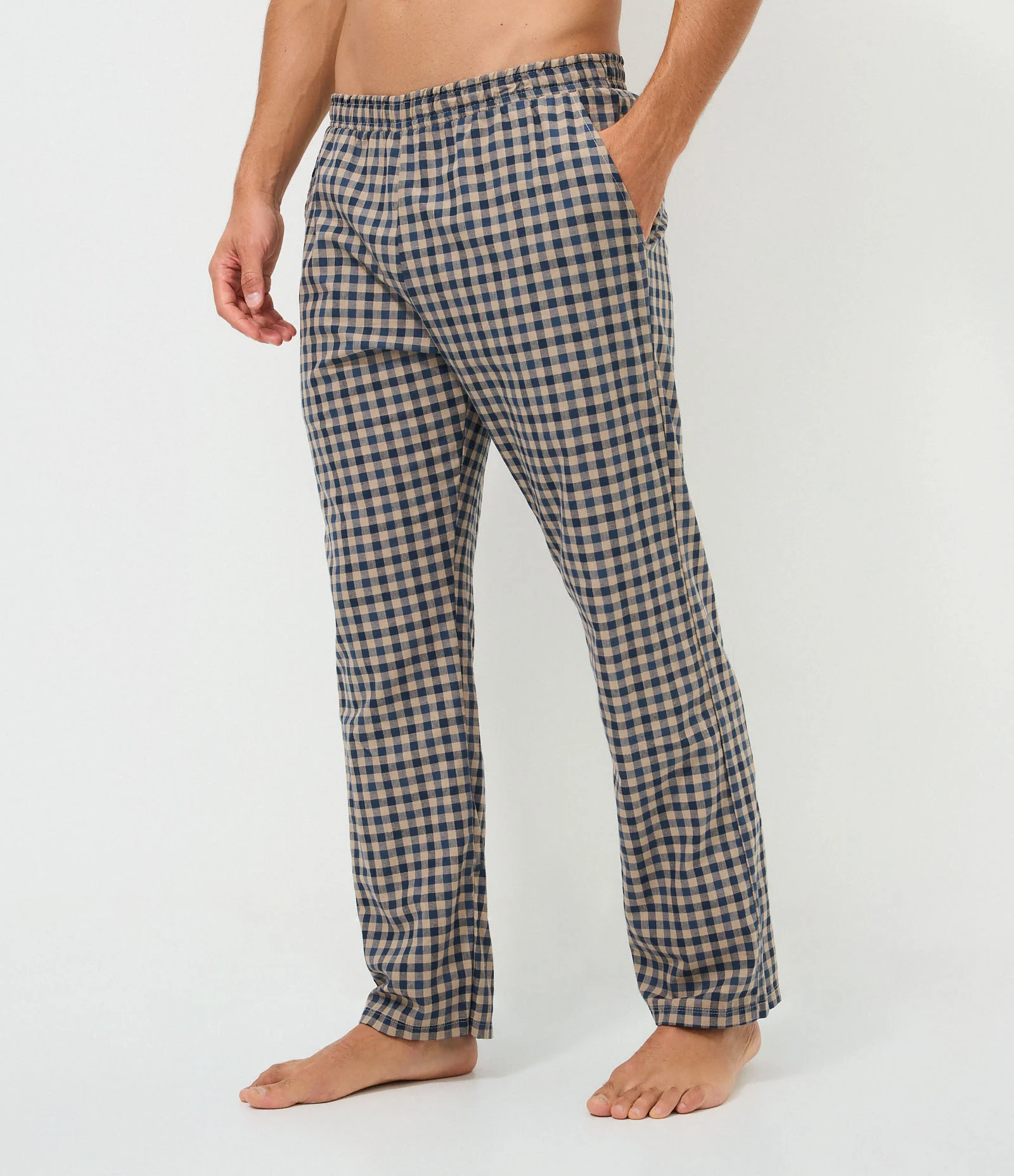 Calça de Pijama em Tricoline Xadrez Bege 2