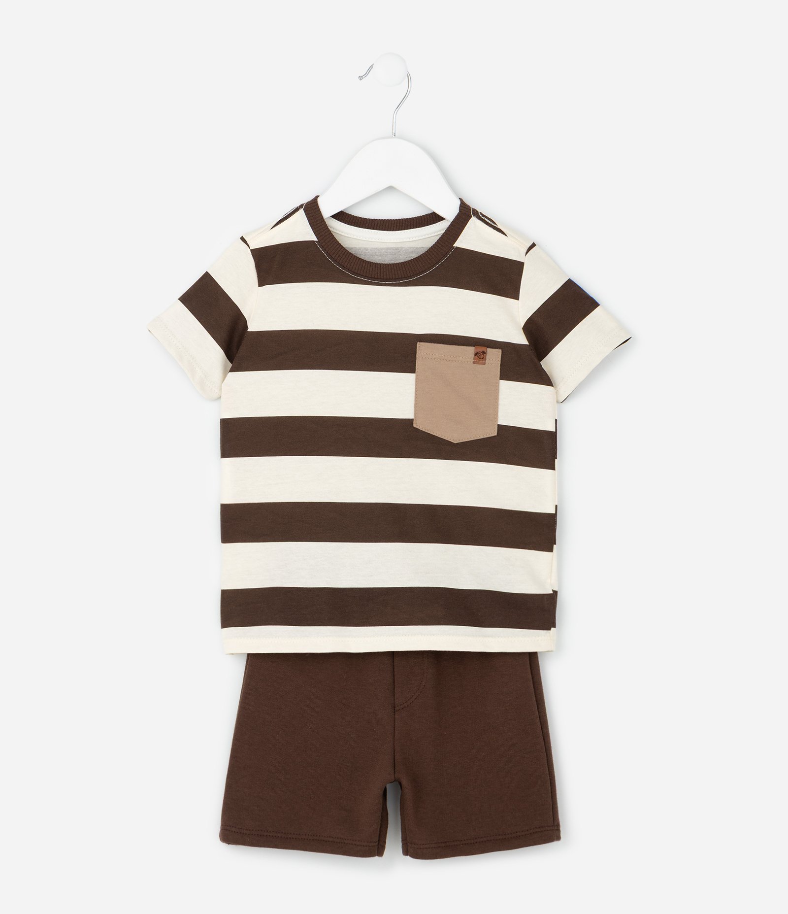 Conjunto Infantil Camiseta Listrada com Bermuda – Tam 1 a 5/6 Anos Marrom/Off White 1