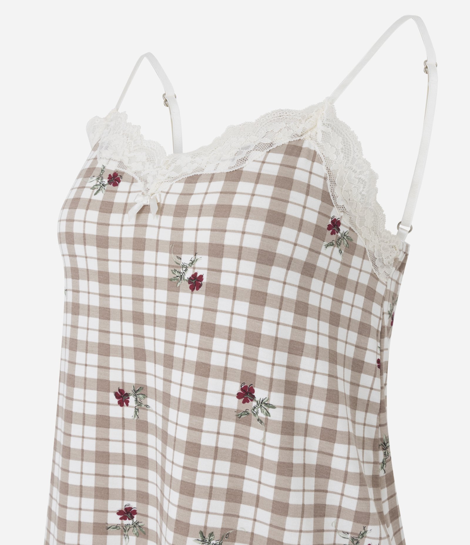 Pijama Curto com Estampa Xadrez e Renda Aplicada Branco/Bege 2