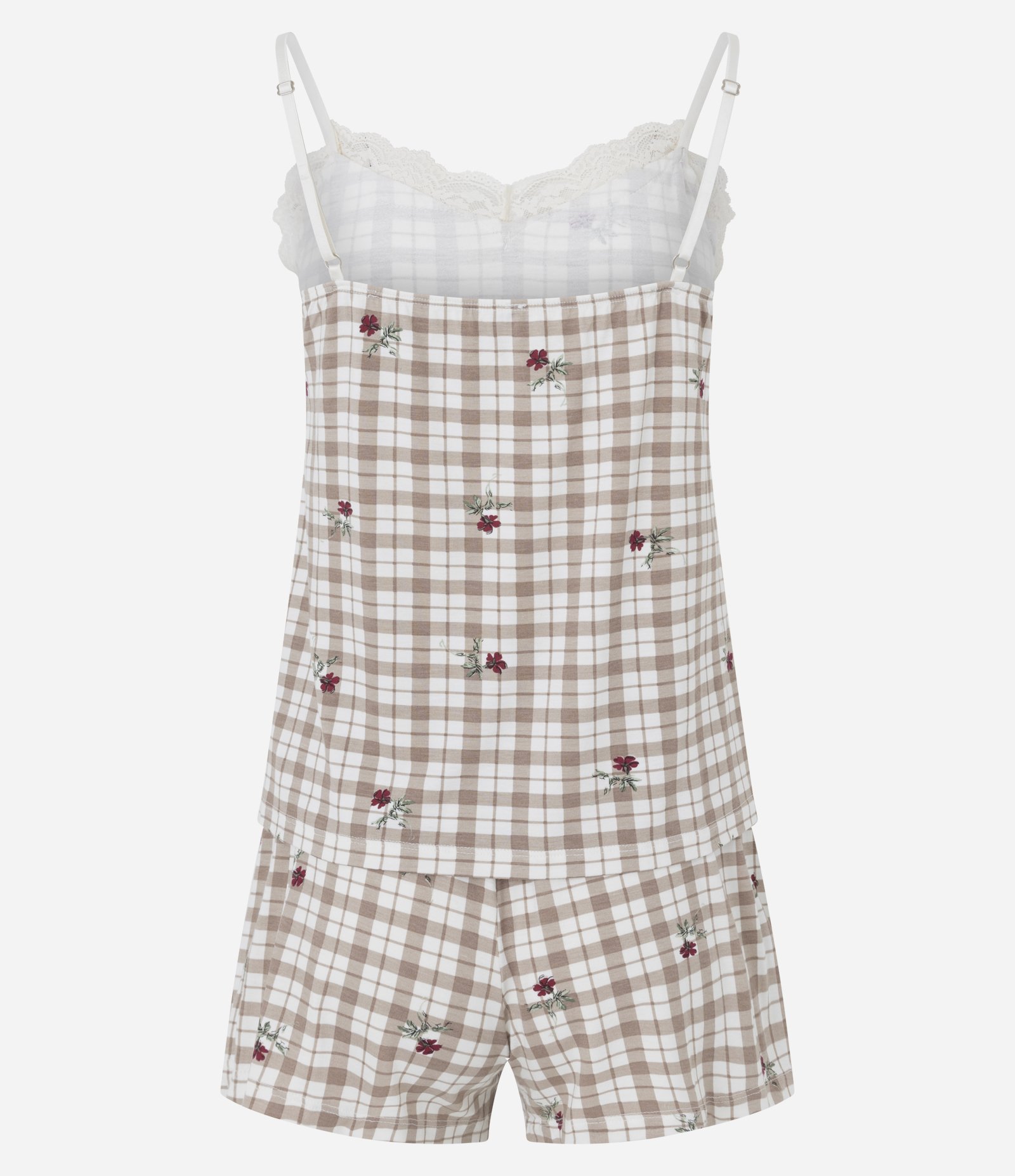 Pijama Curto com Estampa Xadrez e Renda Aplicada Branco/Bege 3