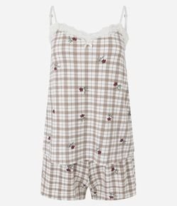 Pijama Curto com Estampa Xadrez e Renda Aplicada