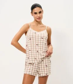 Pijama Curto com Estampa Xadrez e Renda Aplicada