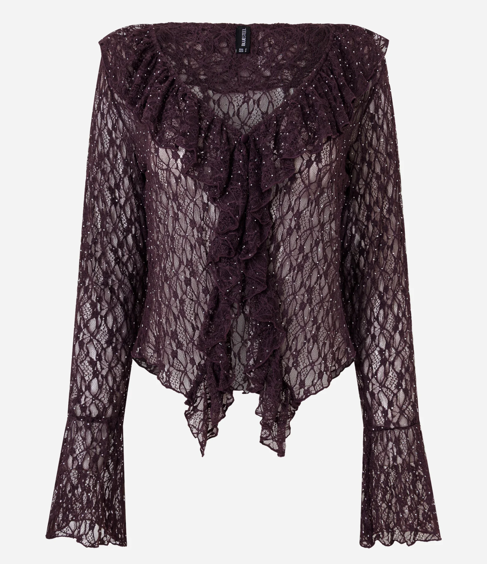 Blusa Bata em Renda com Aplicação de Brilho e Babados Roxo 1