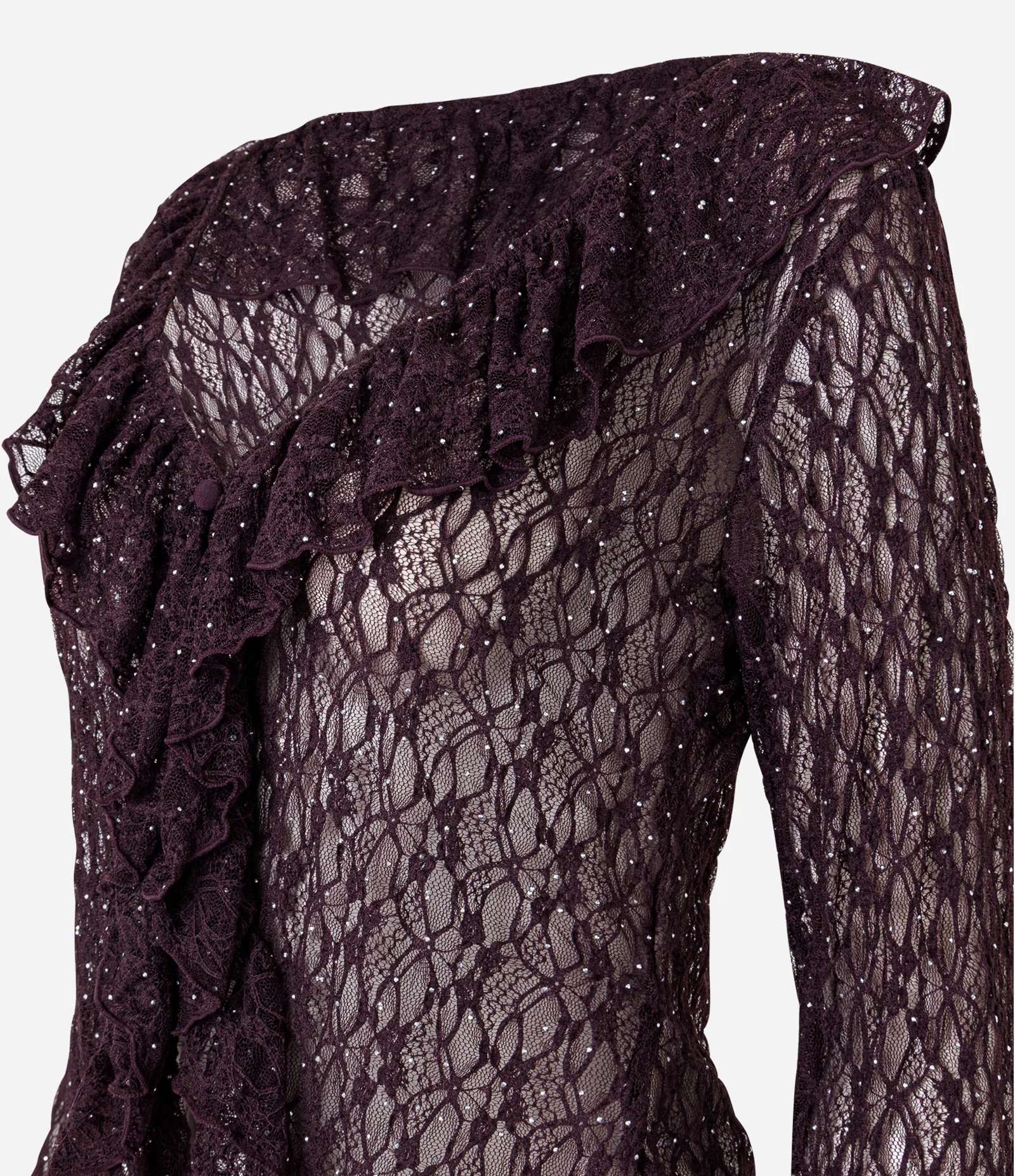 Blusa Bata em Renda com Aplicação de Brilho e Babados Roxo 2