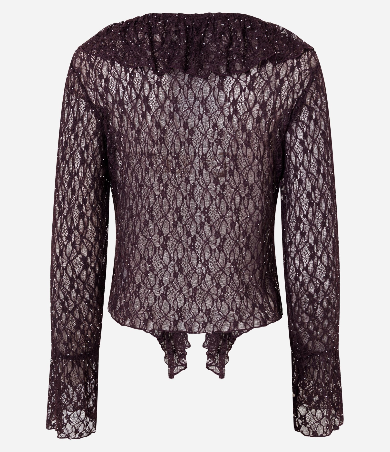 Blusa Bata em Renda com Aplicação de Brilho e Babados Roxo 3