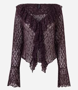 Blusa Bata em Renda com Aplicação de Brilho e Babados