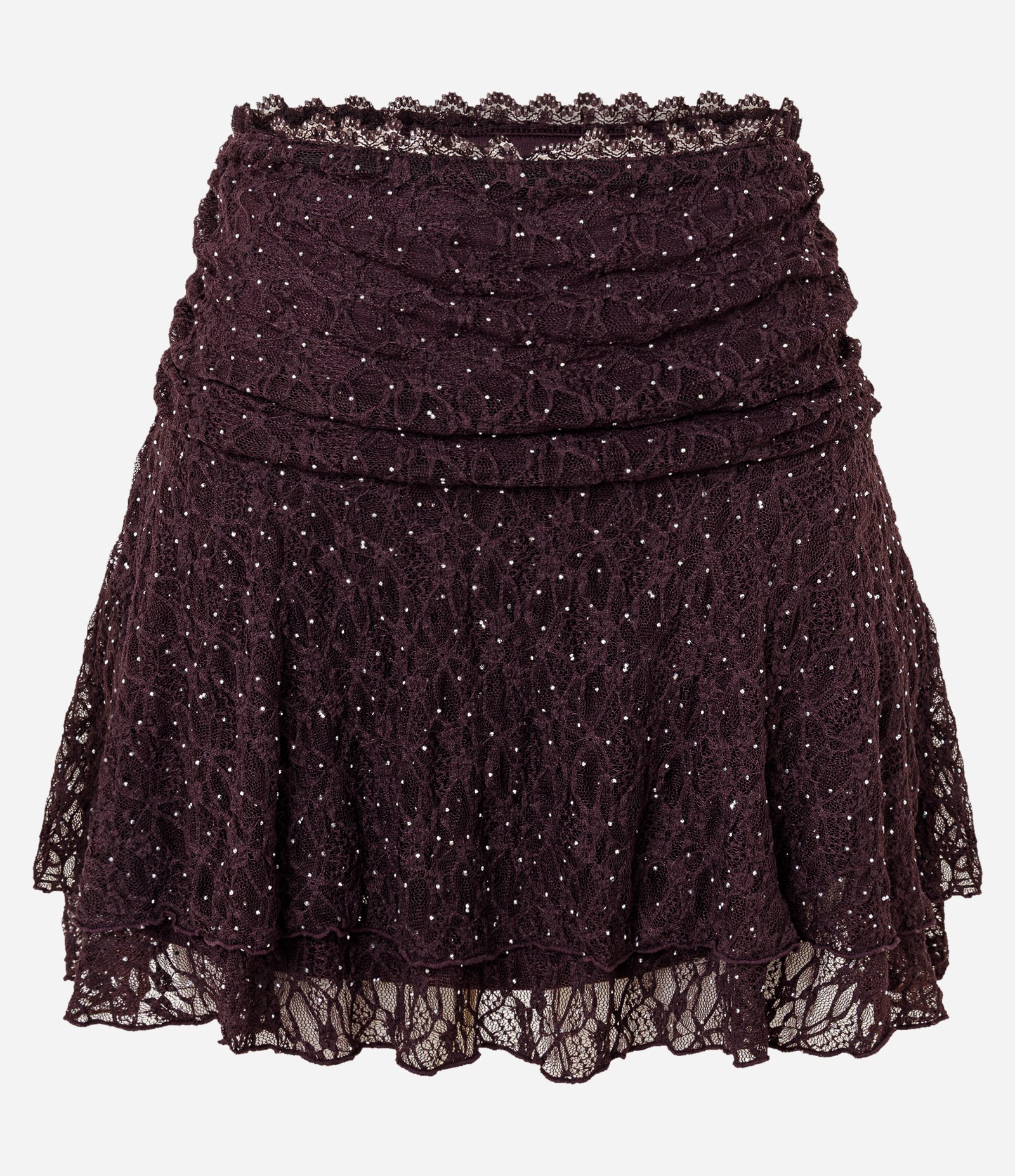 Saia Curta em Renda com Brilhos e Babados Roxo 1