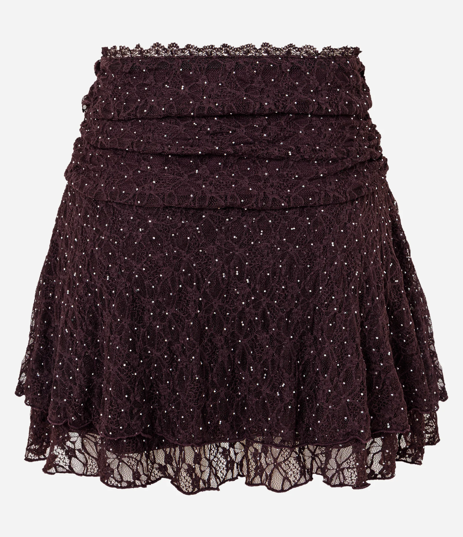 Saia Curta em Renda com Brilhos e Babados Roxo 2