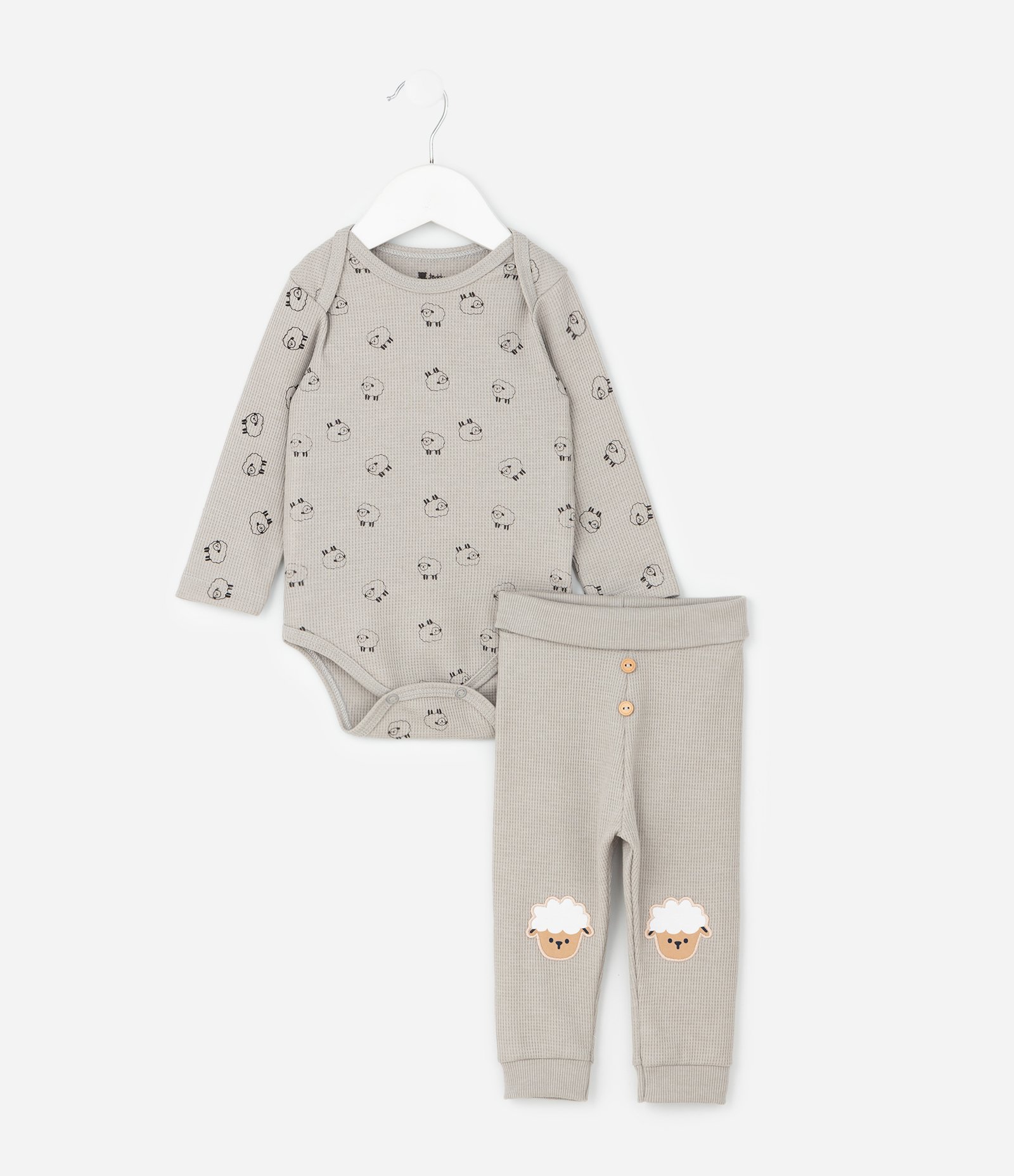 Conjunto Infantil Body e Calça com Ovelhinhas Bordadas – Tam RN a 18 Meses Bege Claro 1