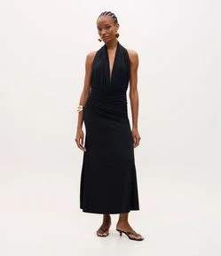 Vestido Midi em Poliamida com Decote V Profundo e Drapeado