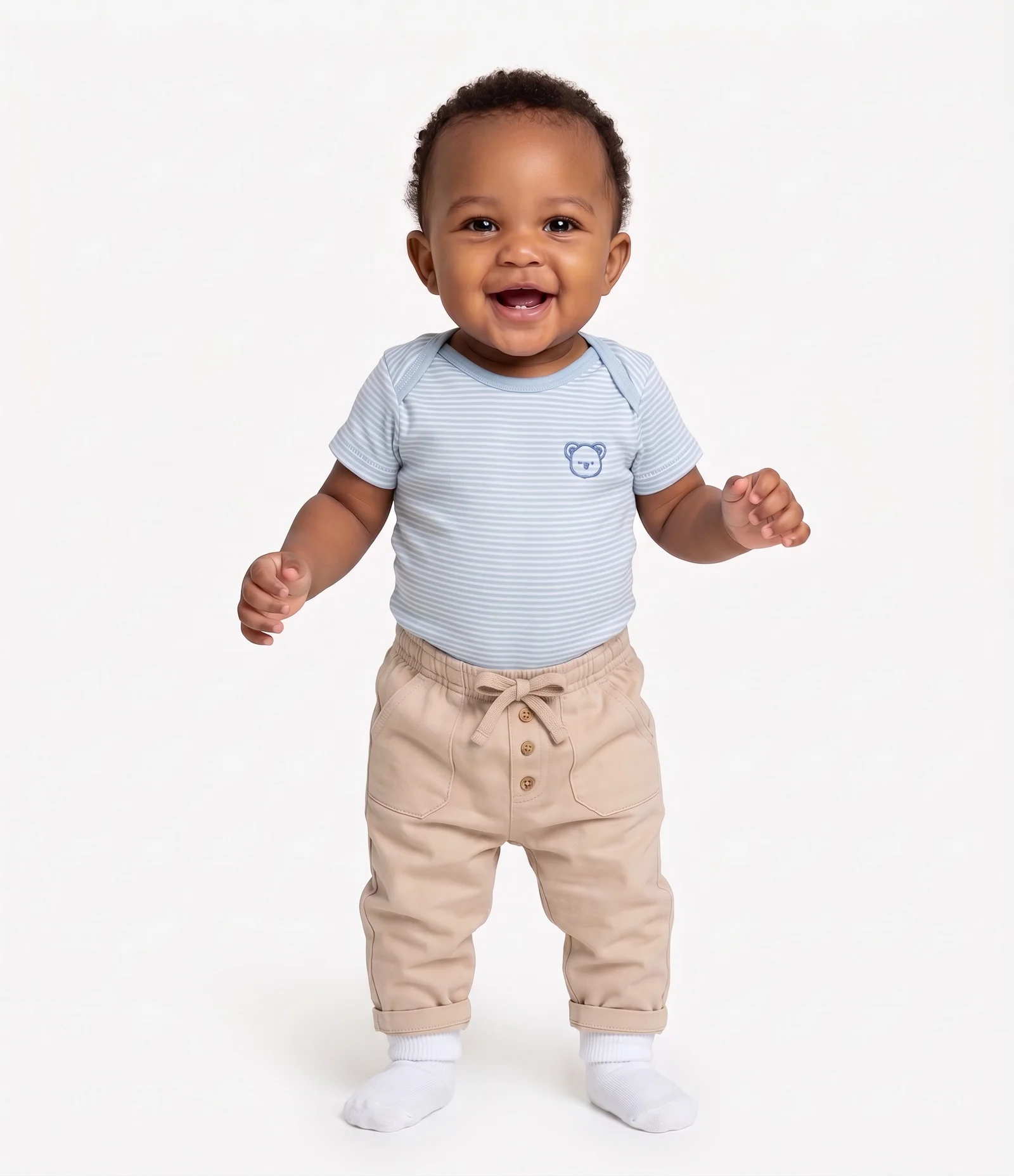 Body Bebê Listrado com Bordado de Urso – Tam 0 a 18 Meses Azul Claro 2