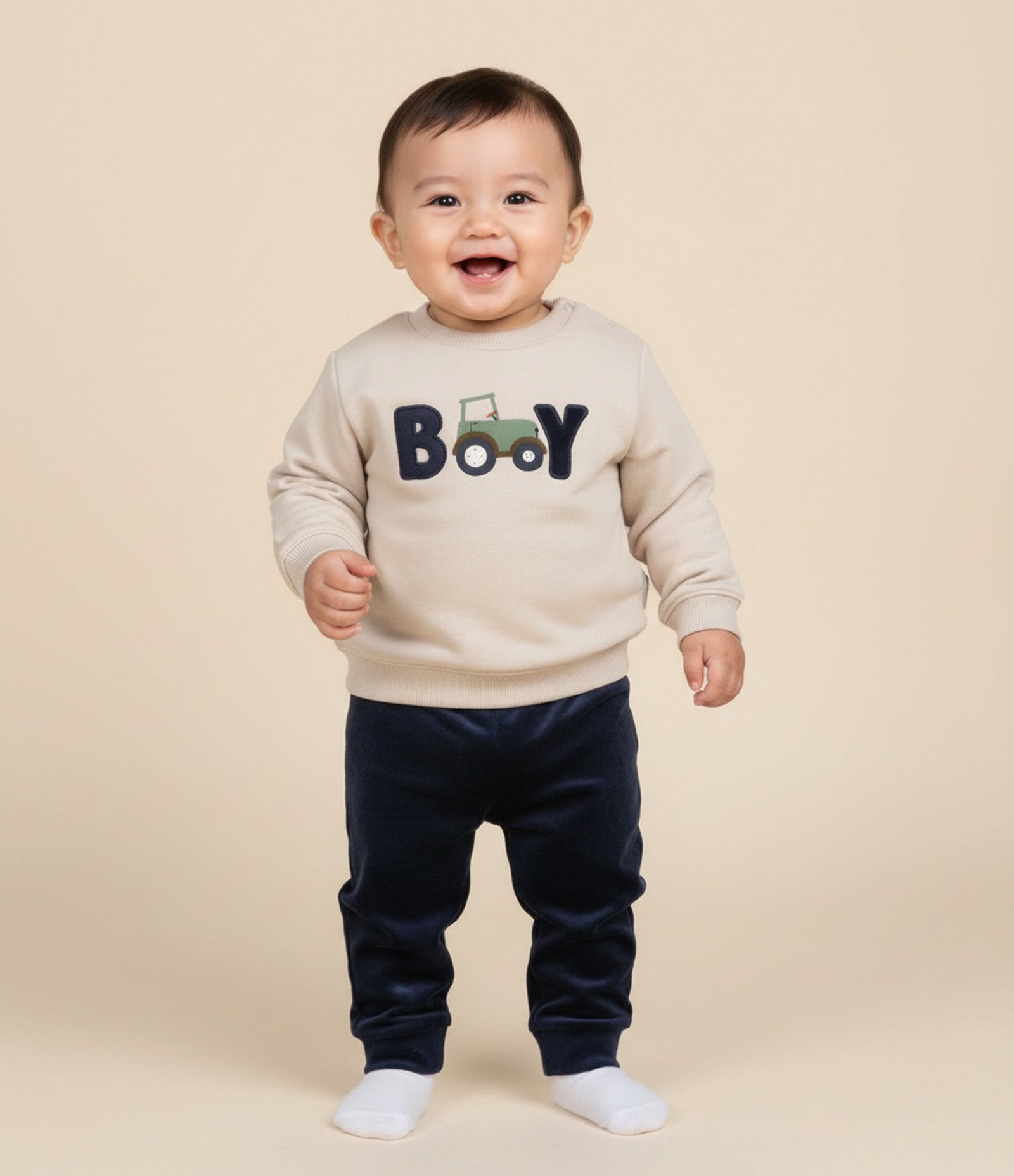 Conjunto Infantil em Moletom com Estampa de Trator - Tam 0 a 18 Meses Bege 1