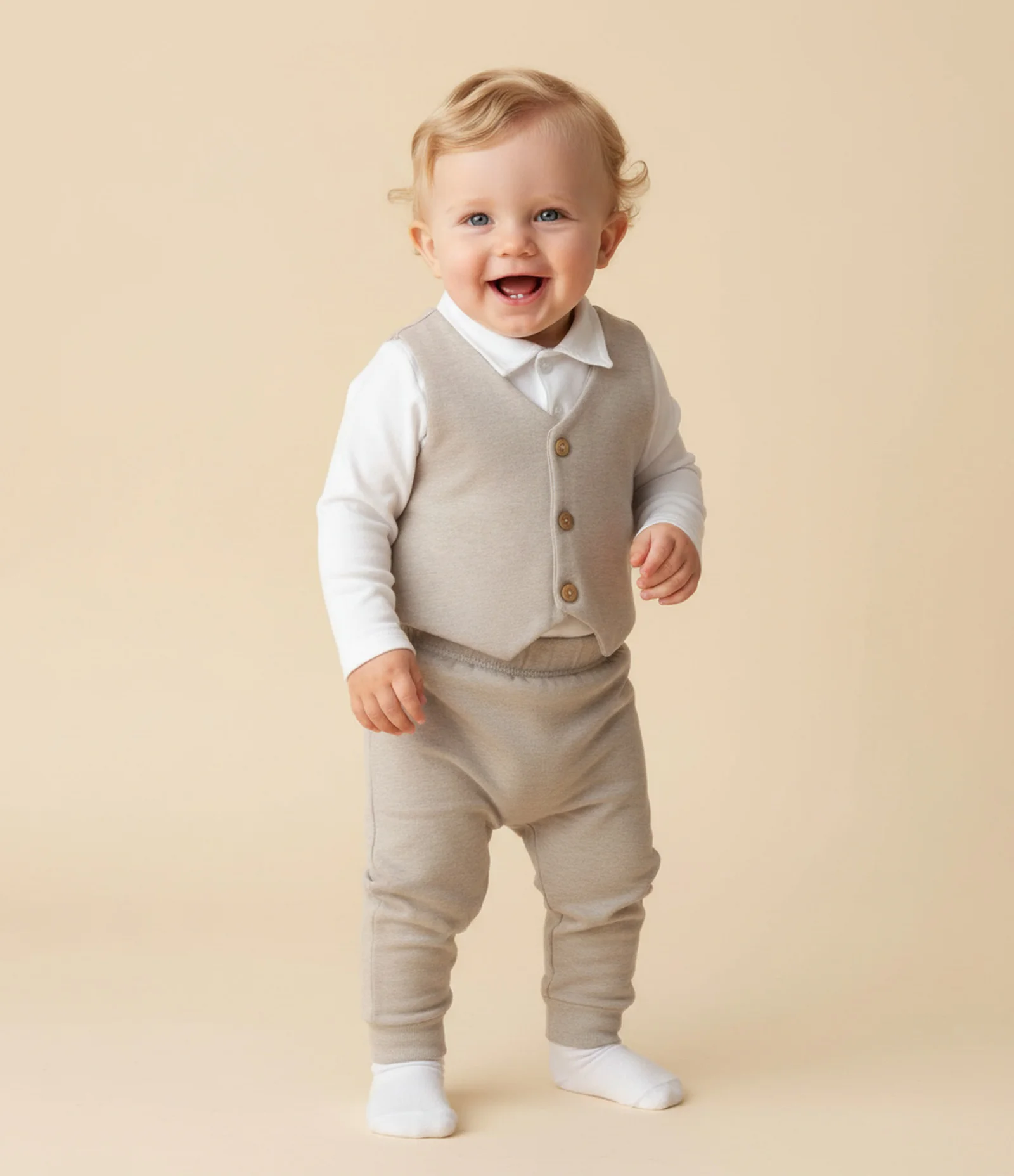 Conjunto Infantil com Body Polo e Colete - Tam 0 a 18 Meses Bege 1