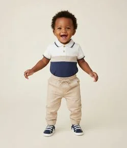 Body Infantil com Gola Polo e Recortes em Blocos de Cores – Tam 0 a 18 Meses