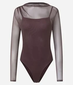 Body Manga Longa em Tule com Gola Alta
