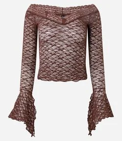 Blusa Manga Flare em Renda com Decote Ombro a Ombro