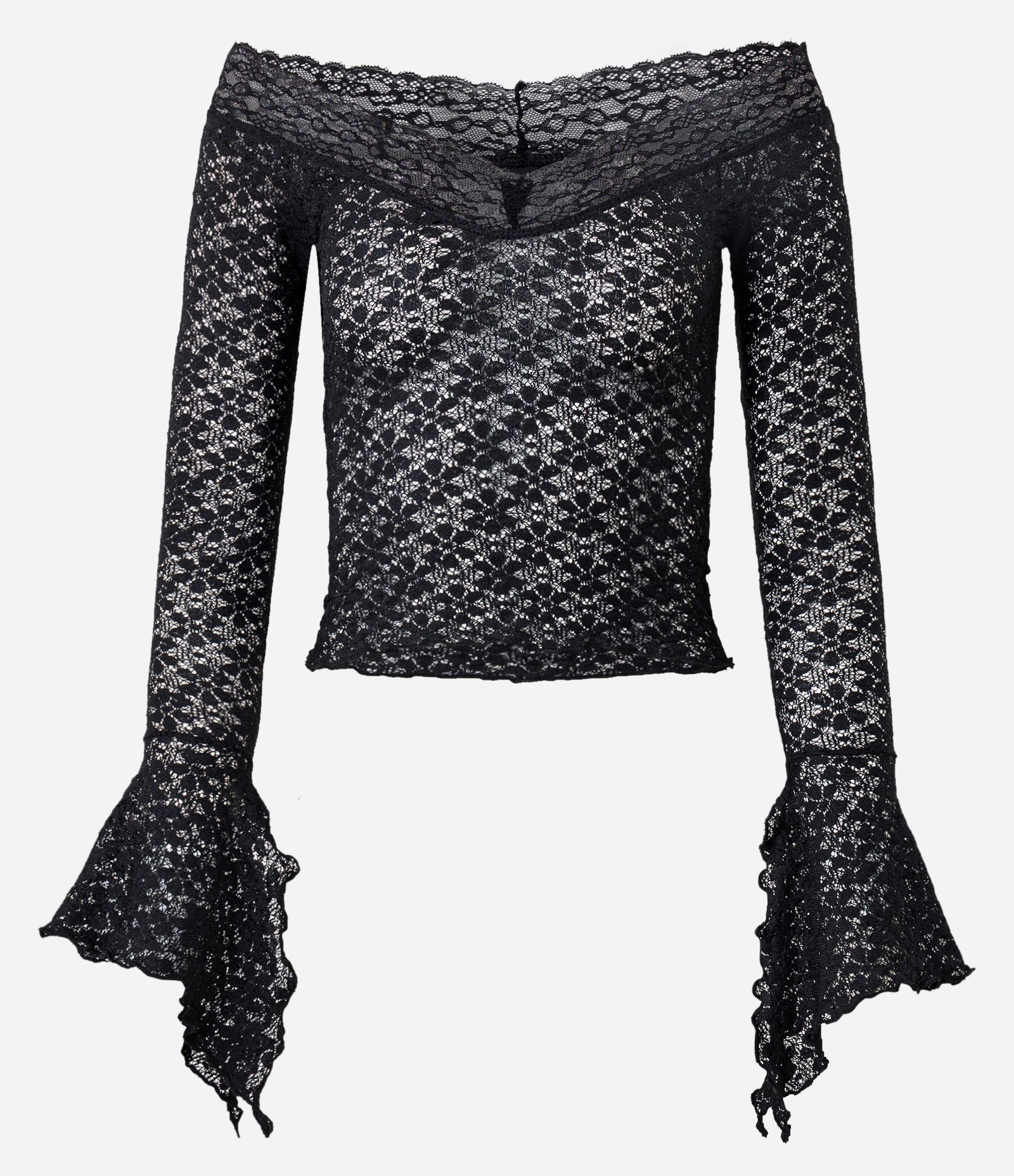 Blusa Manga Flare em Renda com Decote Ombro a Ombro Preto 1