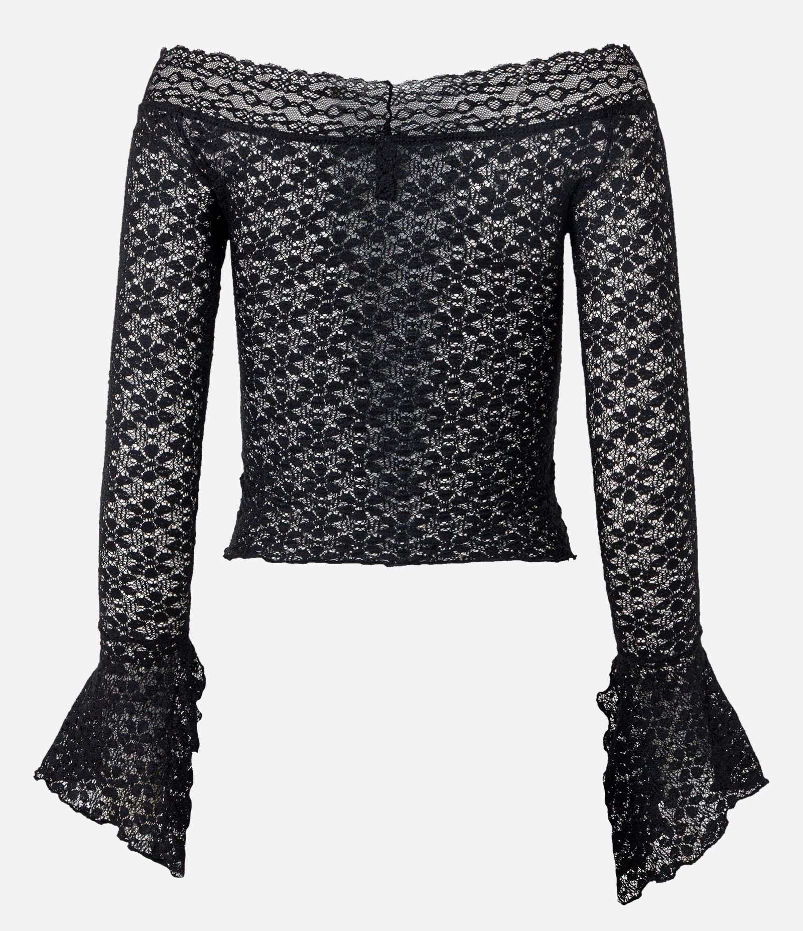 Blusa Manga Flare em Renda com Decote Ombro a Ombro Preto 3